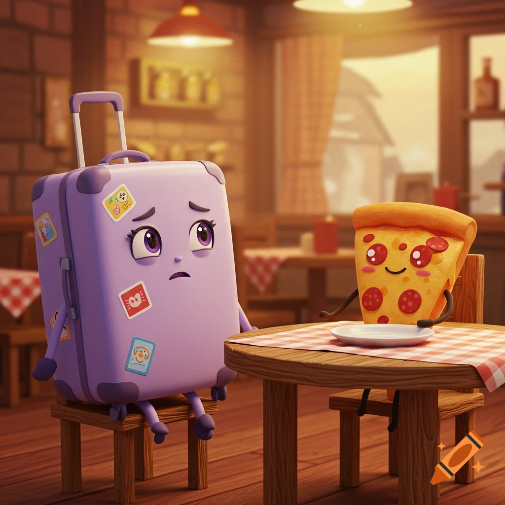 A purple cartoon suitcase character looking anxious sits across a table from a smiling pizza slice character in a restaurant.