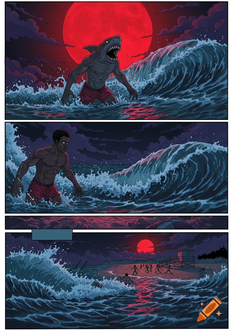 A multi-panel comic book page at night. Top panel: A half-shark, half-man creature with sharp teeth emerges from dark, wavy ocean water under a red moon. Middle panel: A muscular man with glowing white eyes emerges from the ocean. Bottom panel: People panic and run on a beach with a lifeguard house in the distance, under a red moon.