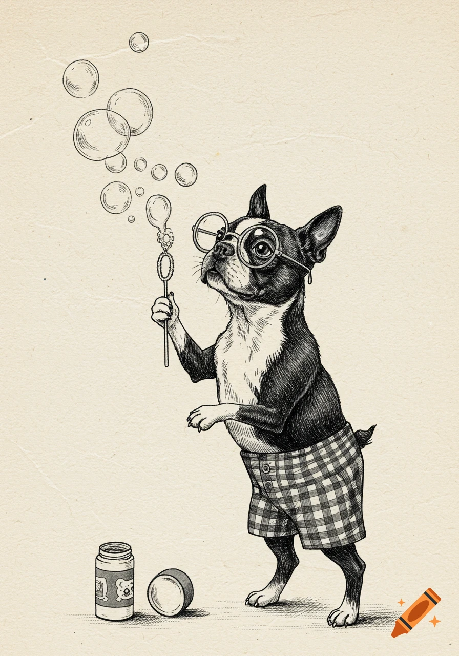 A retro black and white drawing of a Boston Terrier wearing plaid shorts and glasses, blowing soap bubbles.