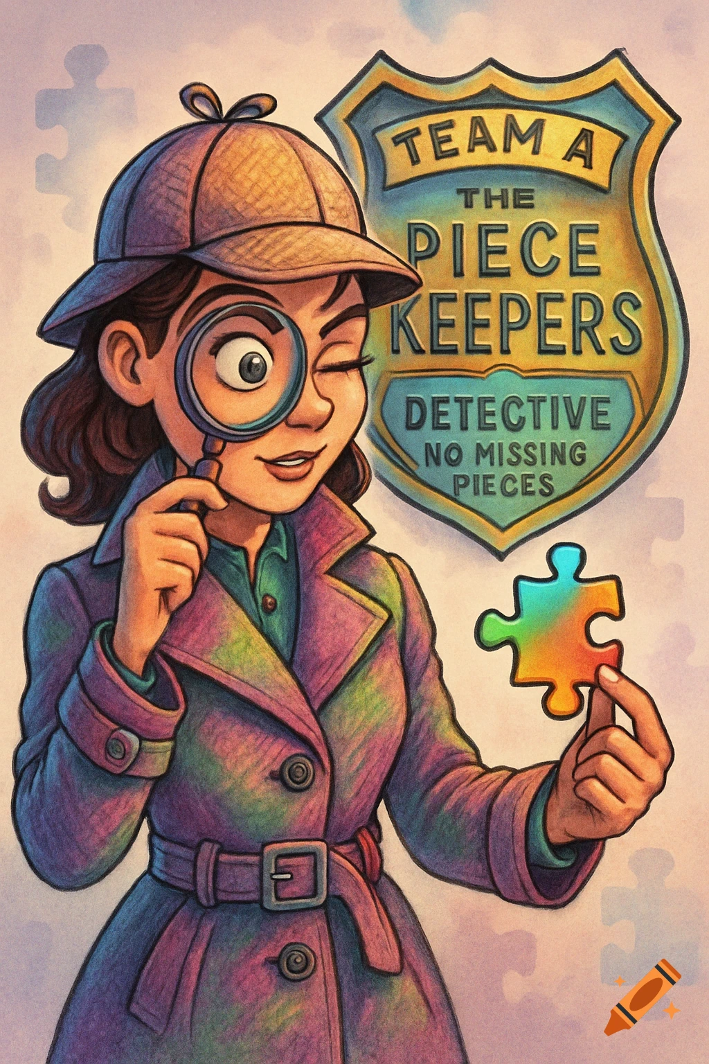 A cartoon detective in a trench coat and hat holds a magnifying glass and a rainbow puzzle piece. A shield badge behind her reads "TEAM A THE PIECE KEEPERS DETECTIVE NO MISSING PIECES."