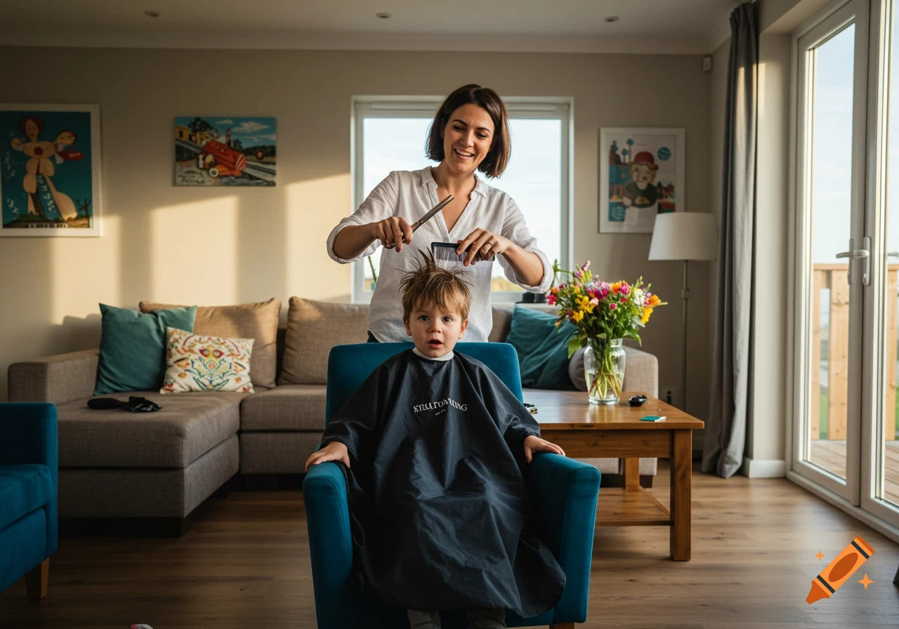 A woman gives a boy a haircut in a living room, both looking at the camera. Photorealistic.