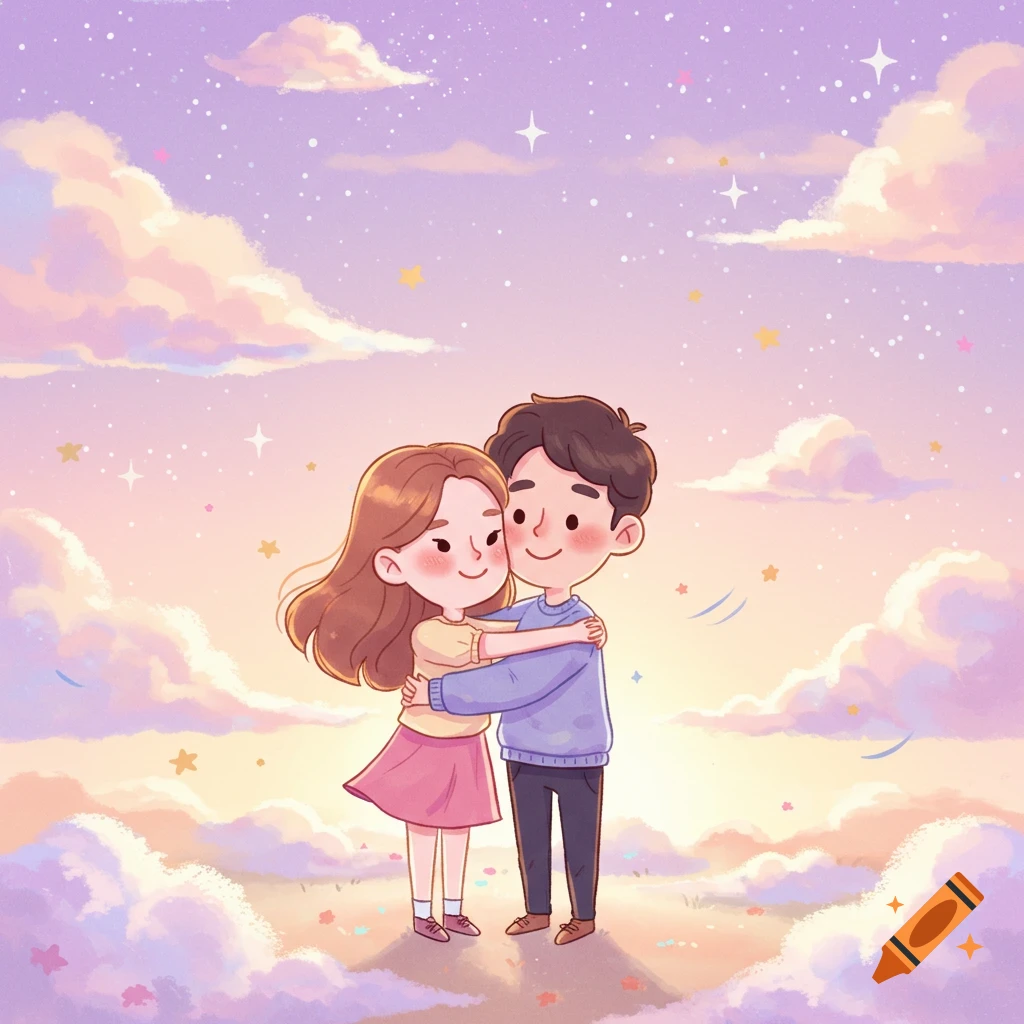 Cartoon illustration of a young couple embracing under a pastel sky with clouds and stars.