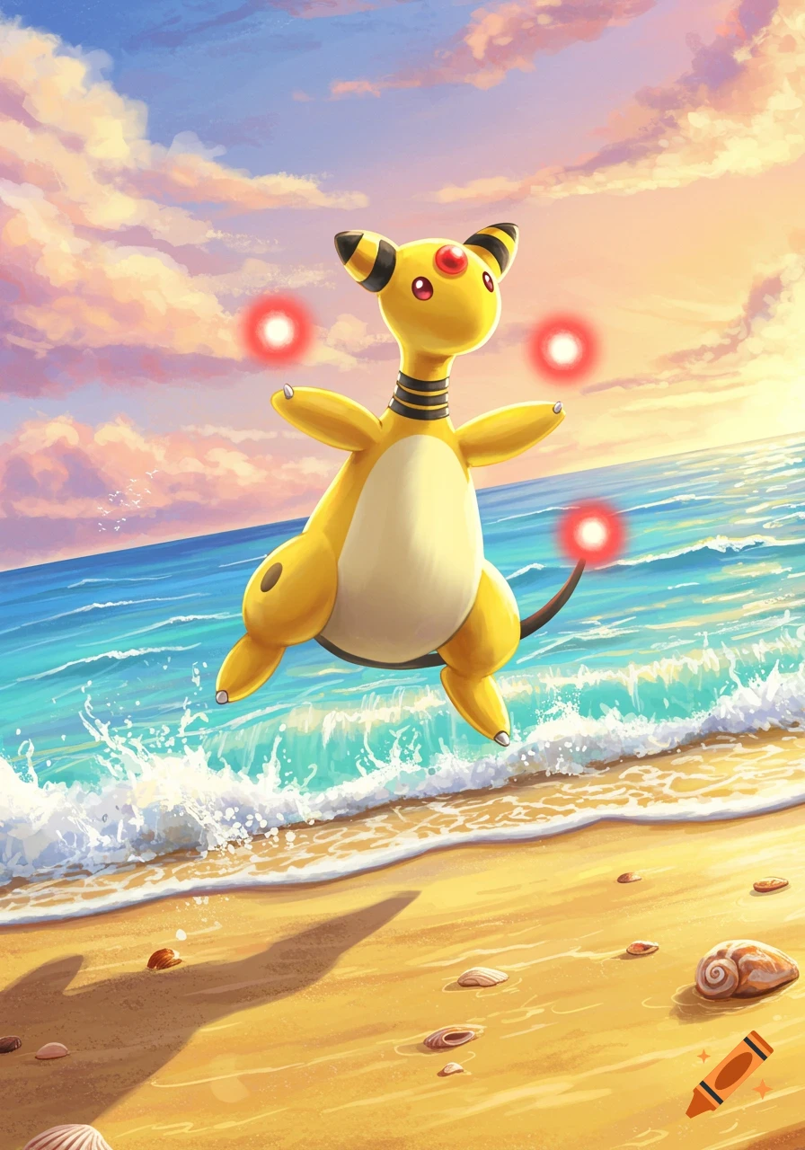 A yellow Pokemon named Ampharos jumps over splashing waves on a sunny beach at sunset, with seashells scattered on the sand.