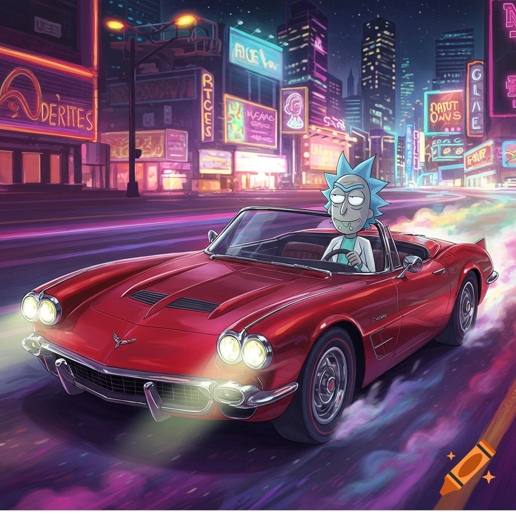 Rick Sanchez from Rick and Morty driving a classic red Corvette convertible at night in a neon-lit city, with motion blur.