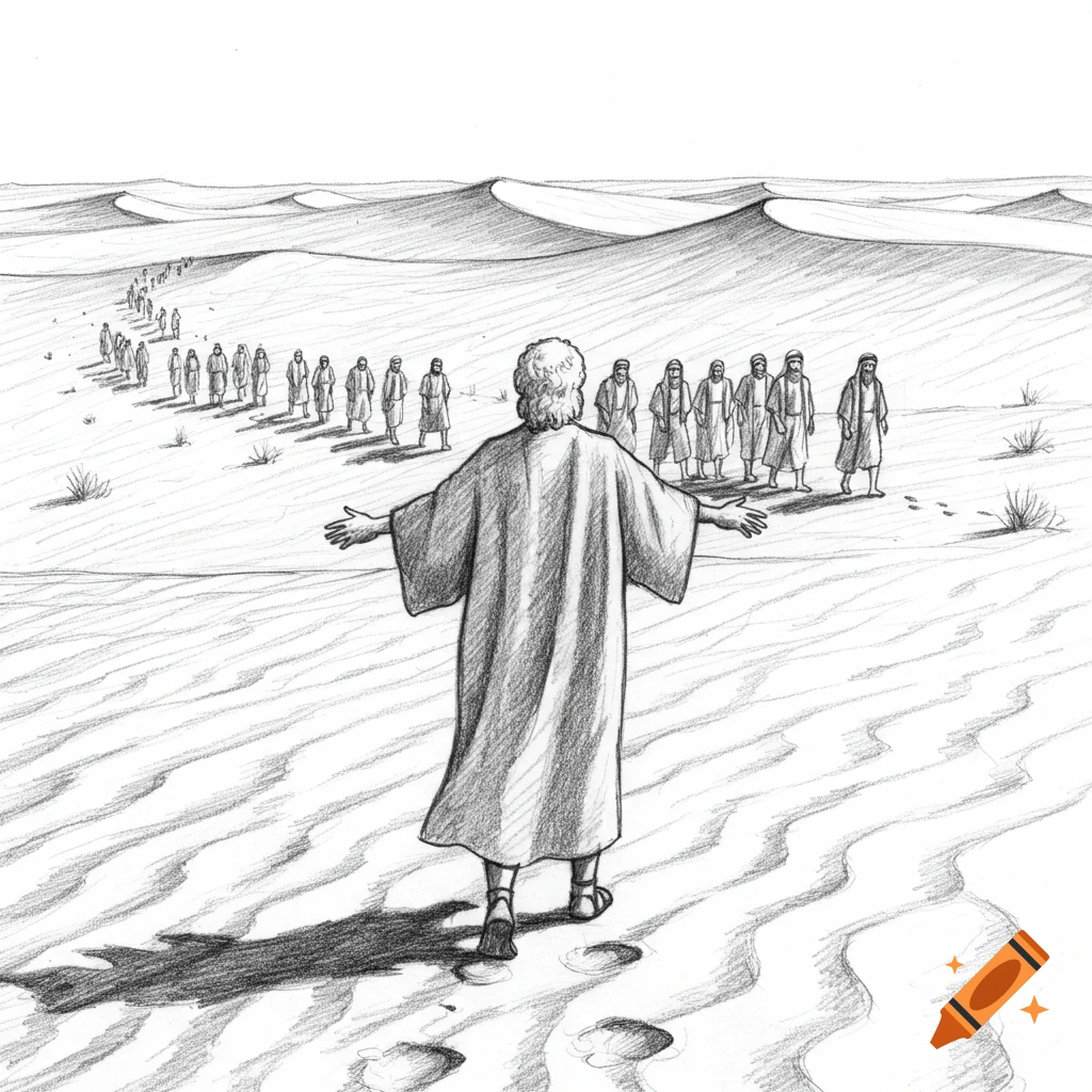 A pencil sketch shows a man with outstretched arms leading a long line of people through a desert with sand dunes.