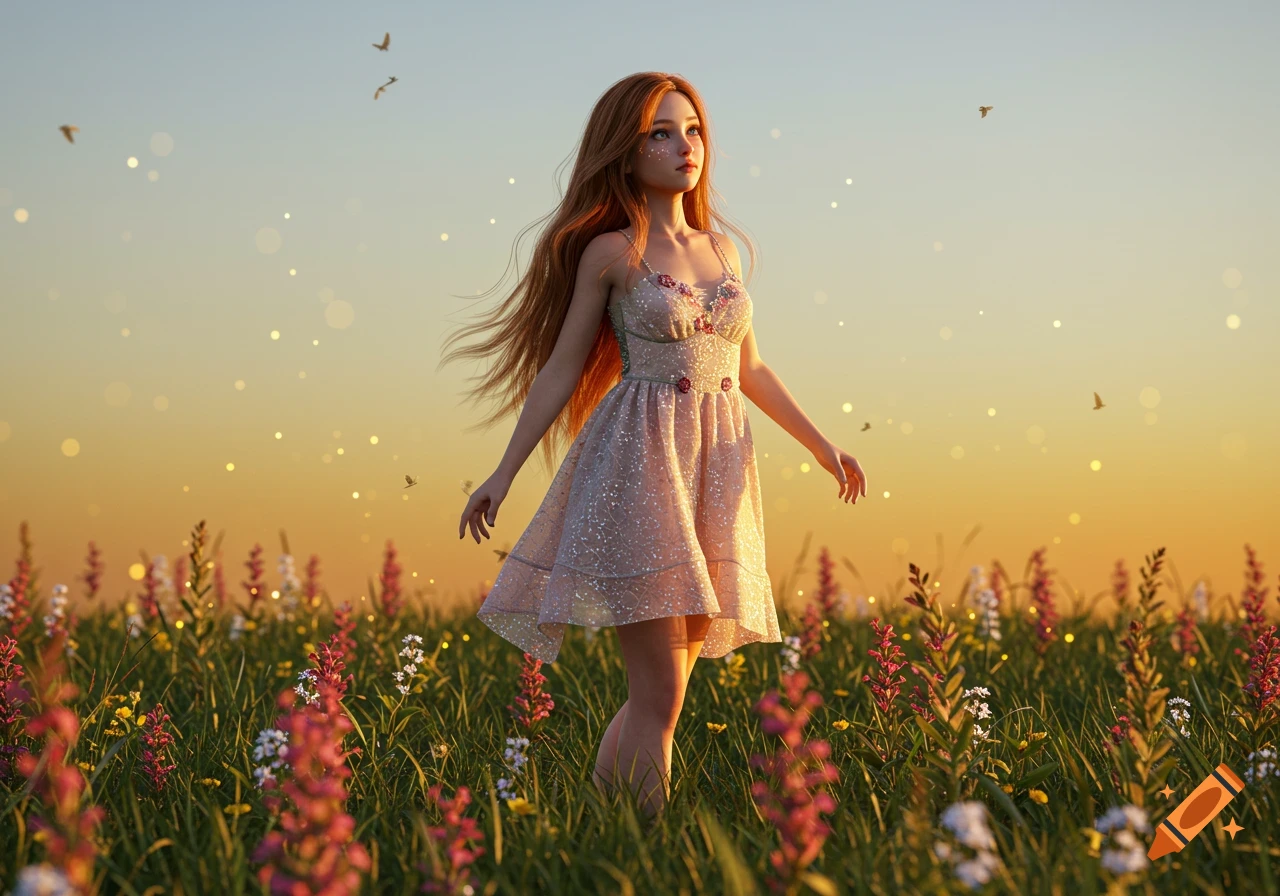 A young woman with long red hair stands in a field of wildflowers during golden hour, looking up with a dreamy expression, surrounded by sparkling lights.