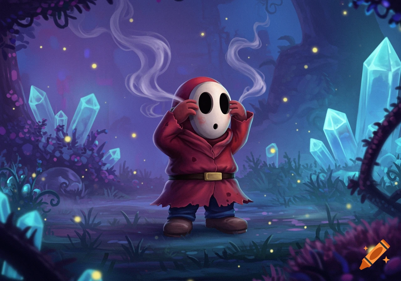 A Shy Guy character in a red cloak with smoke emanating from behind its mask, standing in a dark magical forest with glowing blue crystals and fireflies.