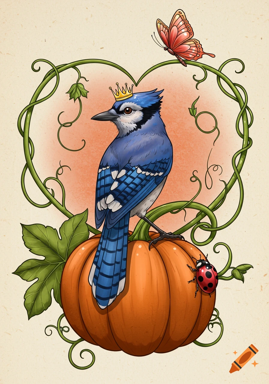 A blue jay wearing a crown sits on a pumpkin, surrounded by heart-shaped vines with a butterfly and ladybug, in a neotraditional tattoo design style.