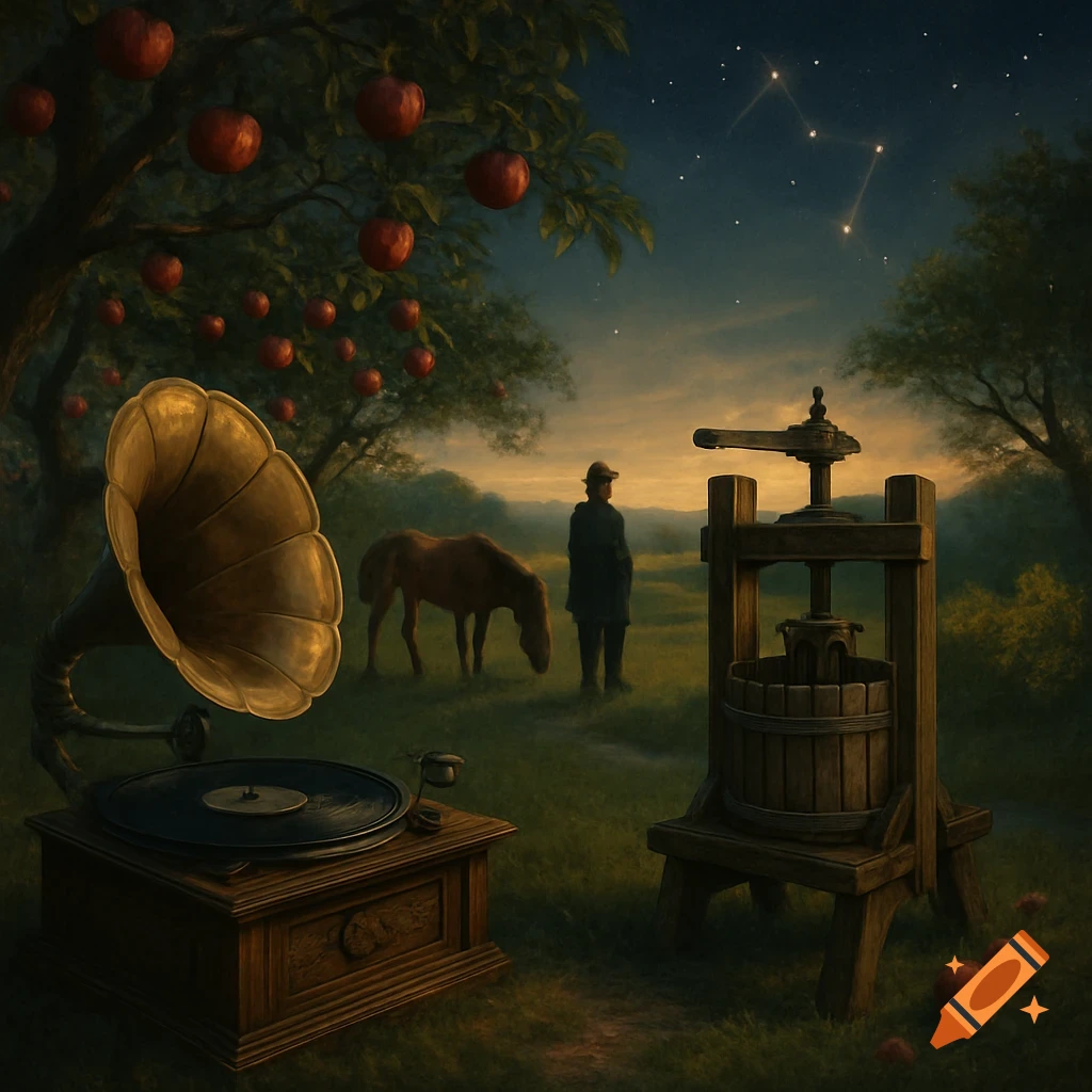 Dreamlike painting of a man and horse in an apple orchard with a vintage phonograph and cider press under a starry night.