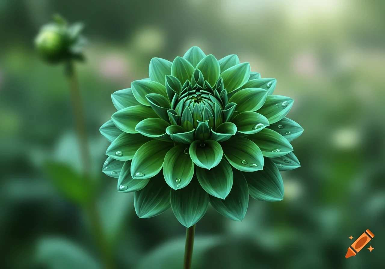 A vibrant viridian green dahlia flower with dew drops on its petals, set against a softly blurred garden background.