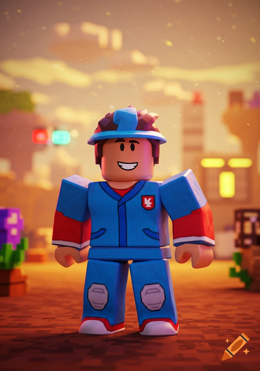 A Roblox character in blue and red attire, wearing a blue hat, stands smiling in a blocky, colorful landscape.