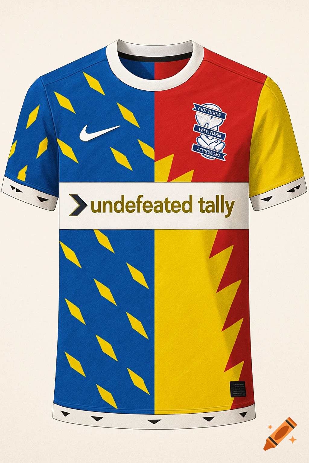 A vibrant split-quarter soccer jersey with blue, red, and yellow sections. It features a white horizontal stripe across the middle with 'undefeated tally' in gold, a Nike swoosh on the left sleeve, and decorative patterns including yellow diamonds and zig-zags.