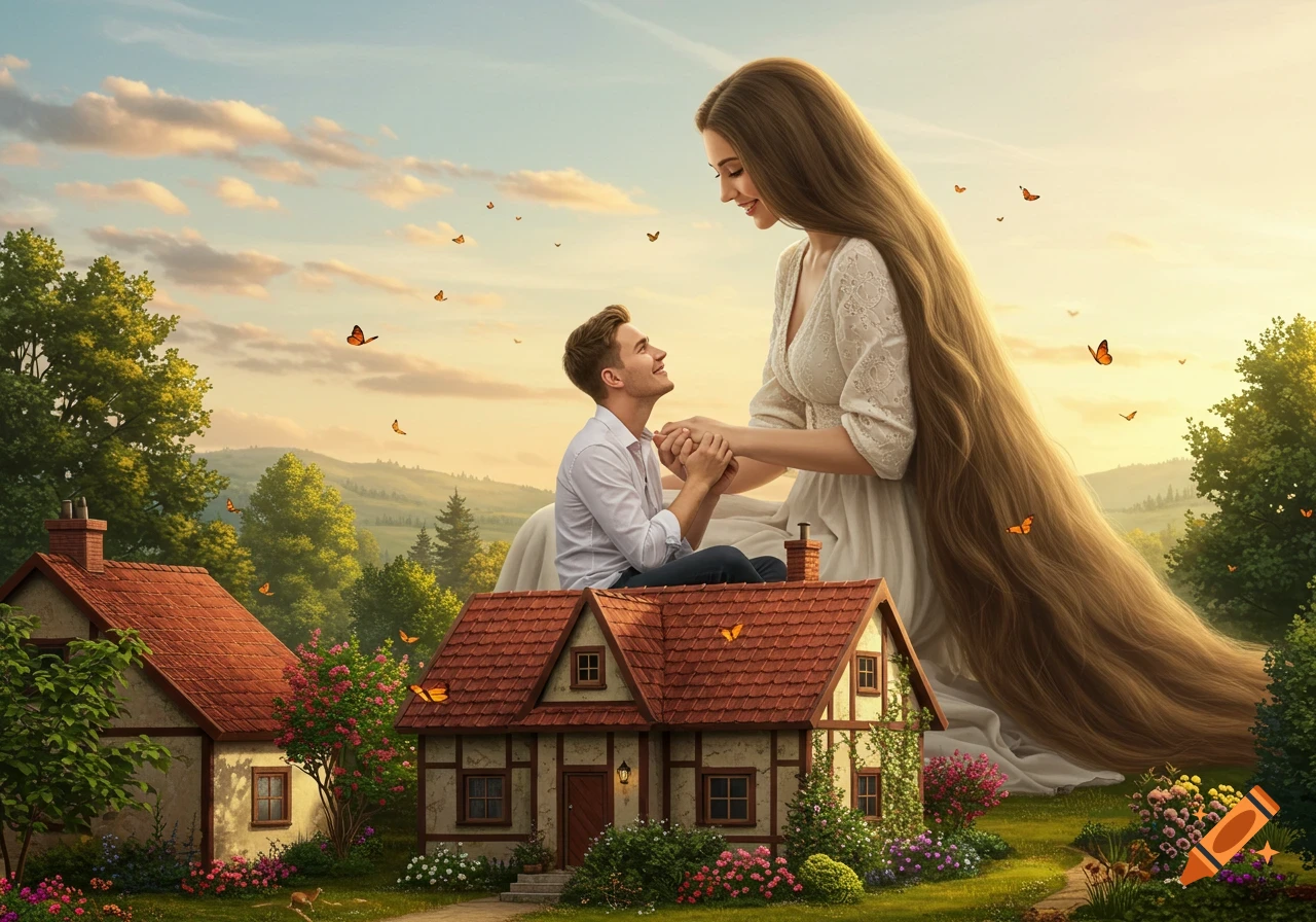 A giant woman with long hair kneels, holding hands with a normal-sized man sitting on a house roof in a photorealistic countryside.