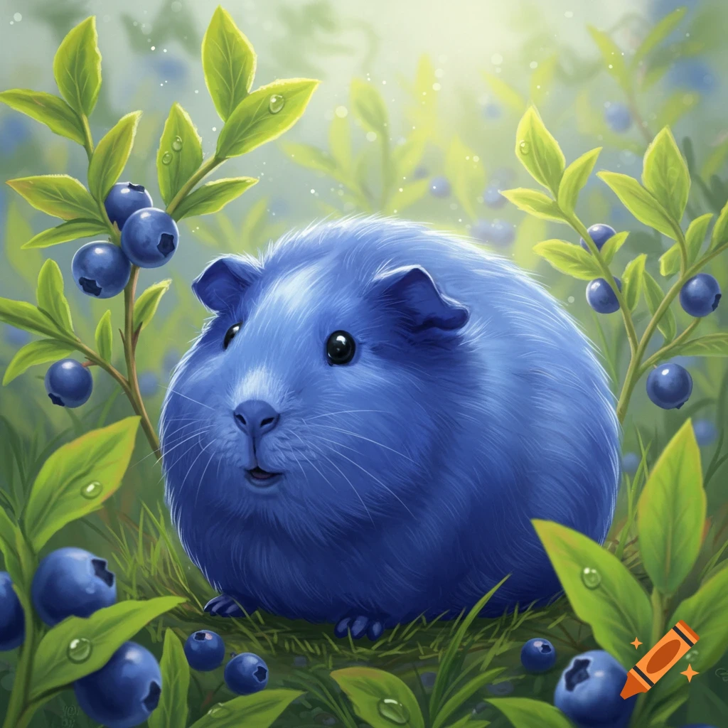 A fluffy blue guinea pig sits in a field of green leaves and ripe blueberries.