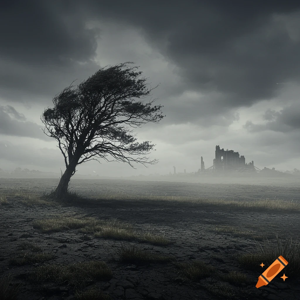 A gnarled tree stands alone on cracked ground under a dark, stormy sky, with distant ruins shrouded in mist.