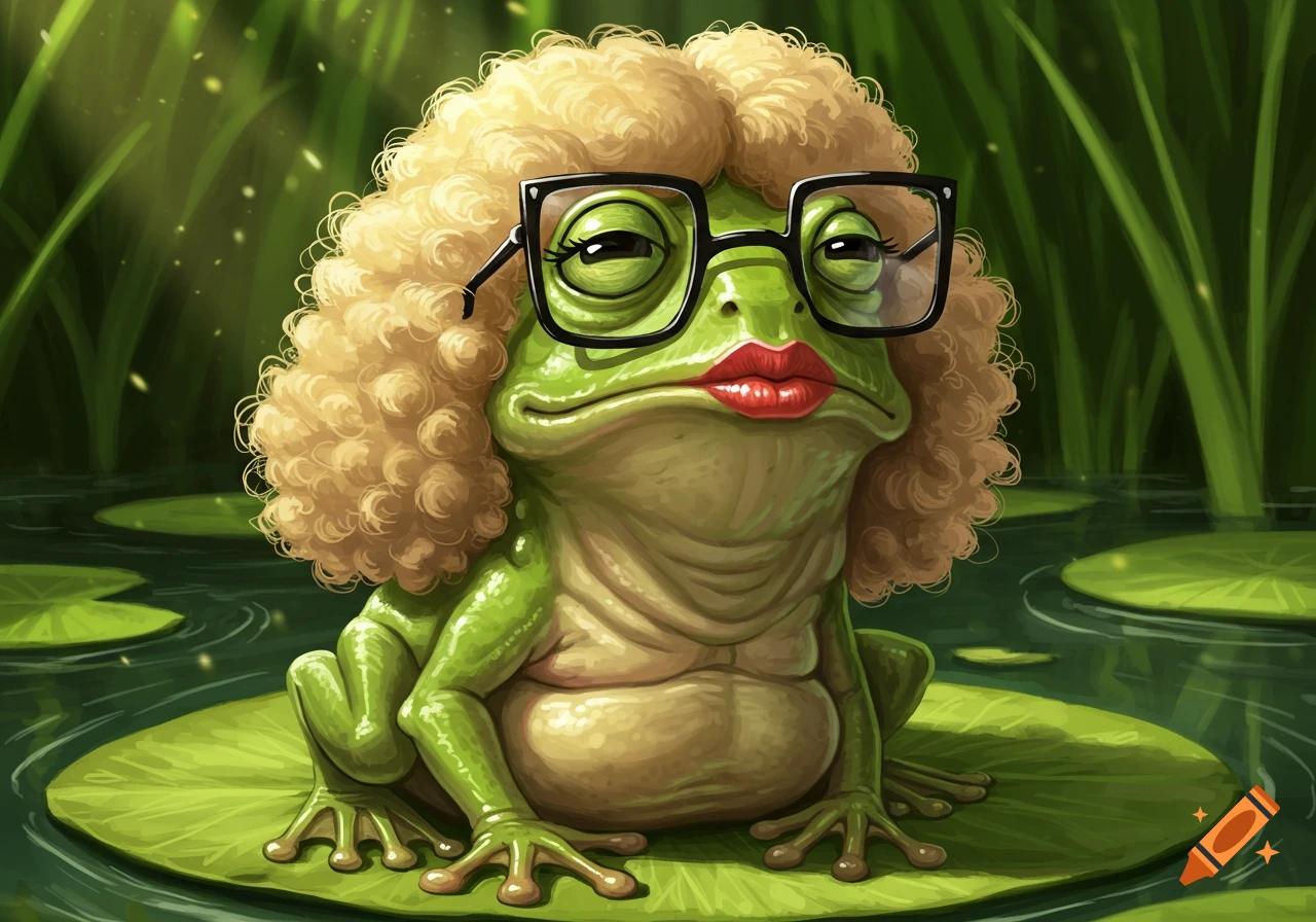 A green frog with a blond curly wig, red lipstick, and large black square glasses sits on a lily pad in a pond.