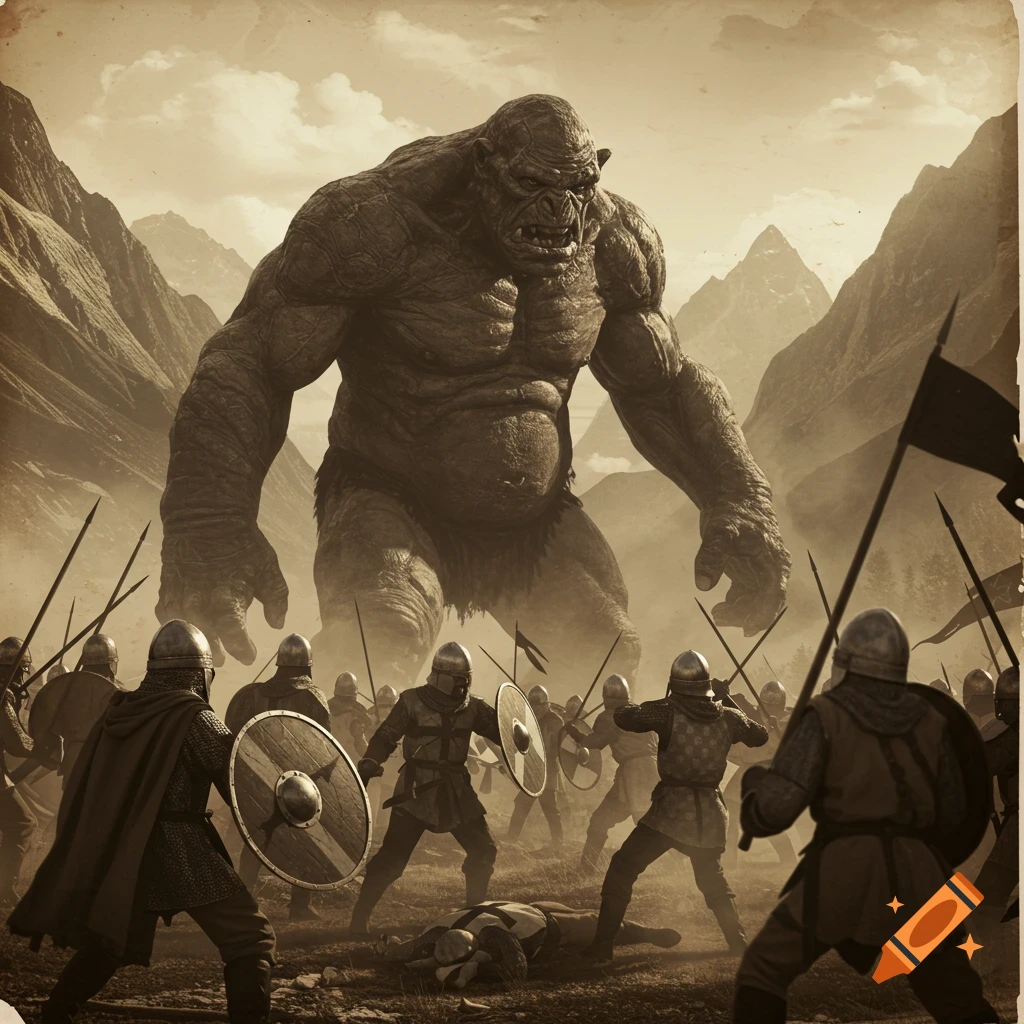 A colossal troll stands before an army of medieval soldiers on a rocky battlefield, rendered in a sepia-toned old photo style.