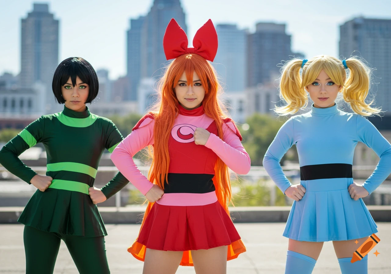 Three young women cosplaying as Buttercup, Blossom, and Bubbles from The Powerpuff Girls, standing outdoors in superhero poses.