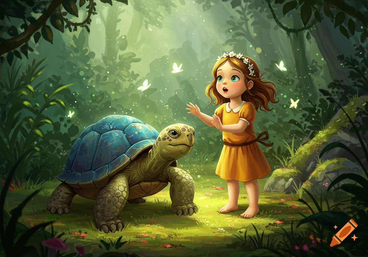 Whimsical illustration of a surprised girl in a yellow dress meeting a large blue turtle in a sunlit forest with butterflies.