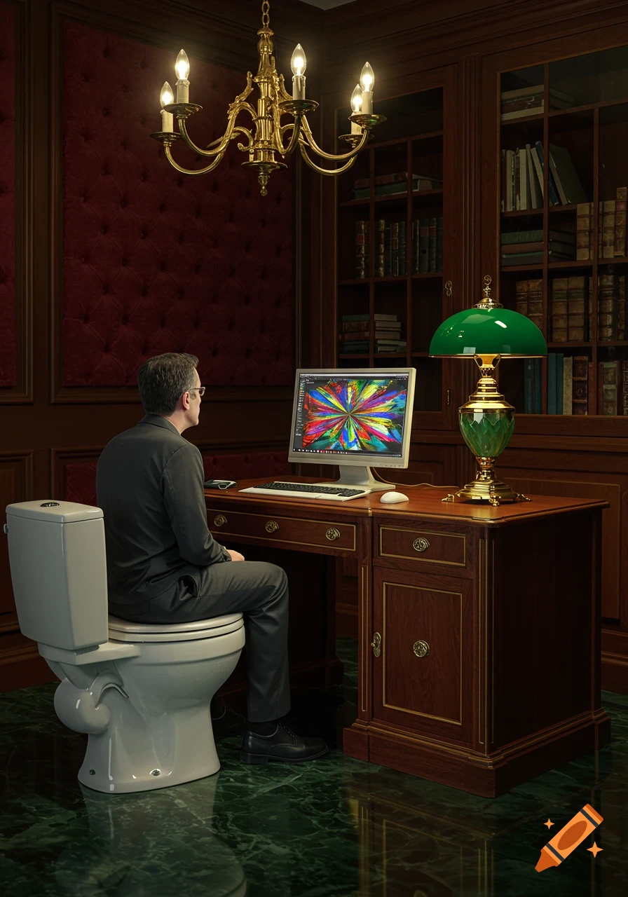 A man in a suit sits on a toilet at a fancy desk with a computer in a wood-paneled study.