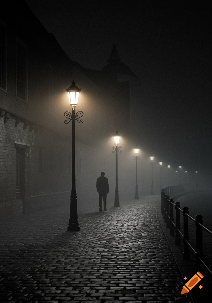 A man walks down a foggy, cobblestone street at night, lit by glowing yellow street lamps.