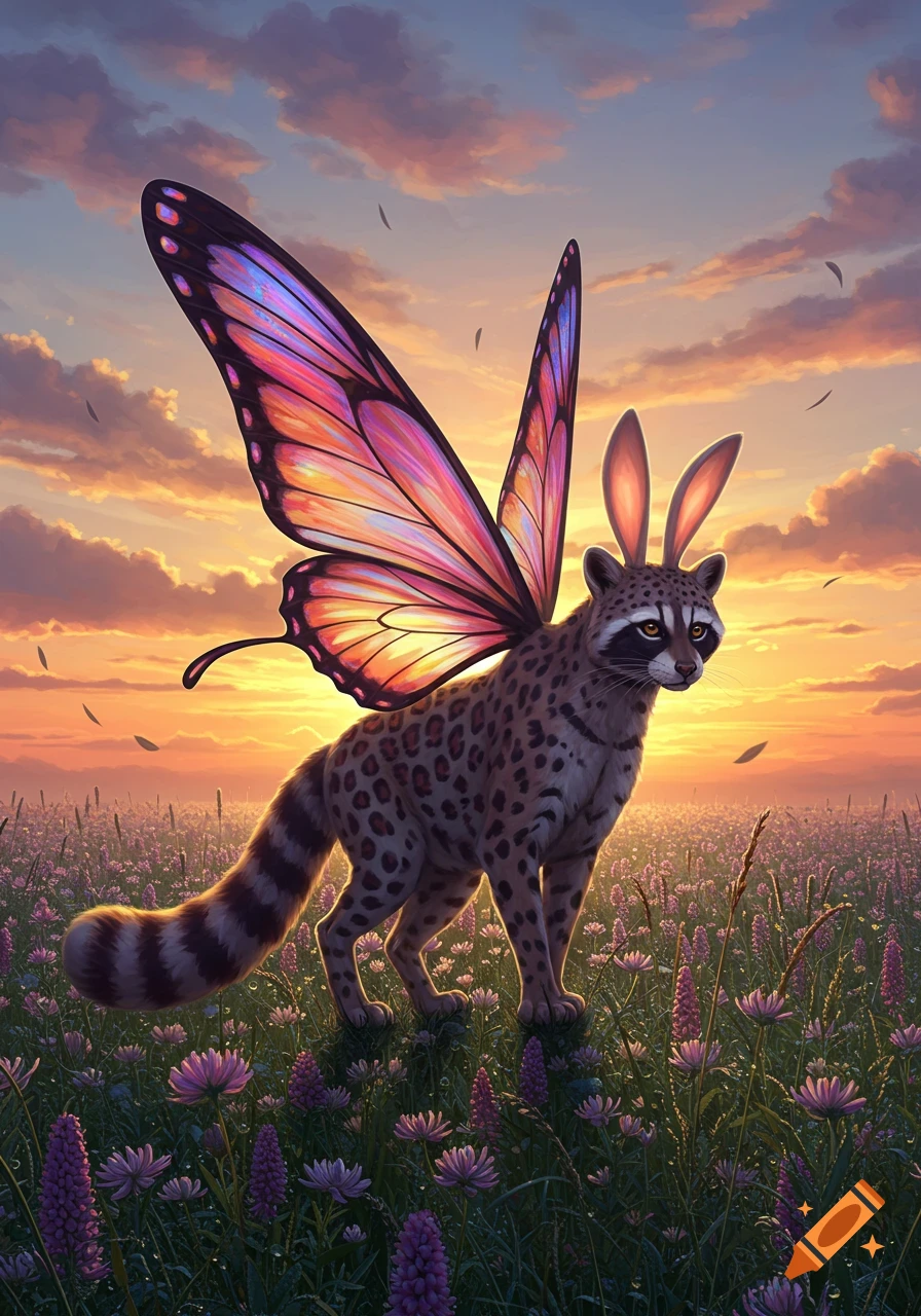 A hybrid creature with a spotted body, raccoon tail, butterfly wings, and bunny ears stands in a field of purple flowers at sunset.