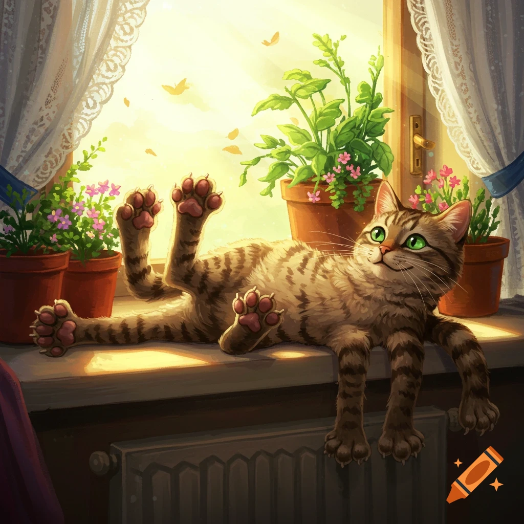 A striped cat with green eyes lies on a sunny windowsill among potted plants, showing its pink paw pads.