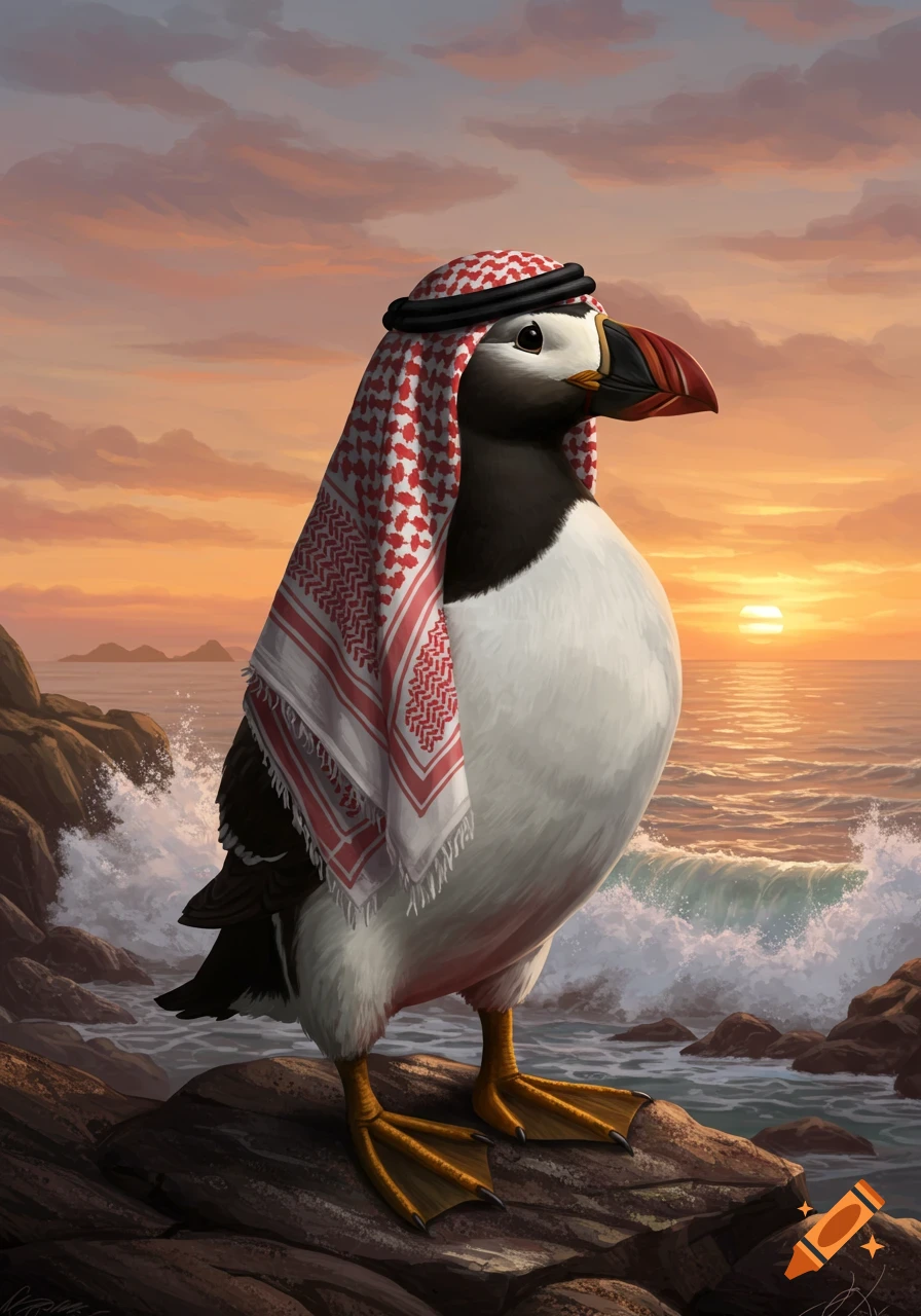 A puffin wearing a red and white keffiyeh stands on rocks by a wavy ocean at sunset.
