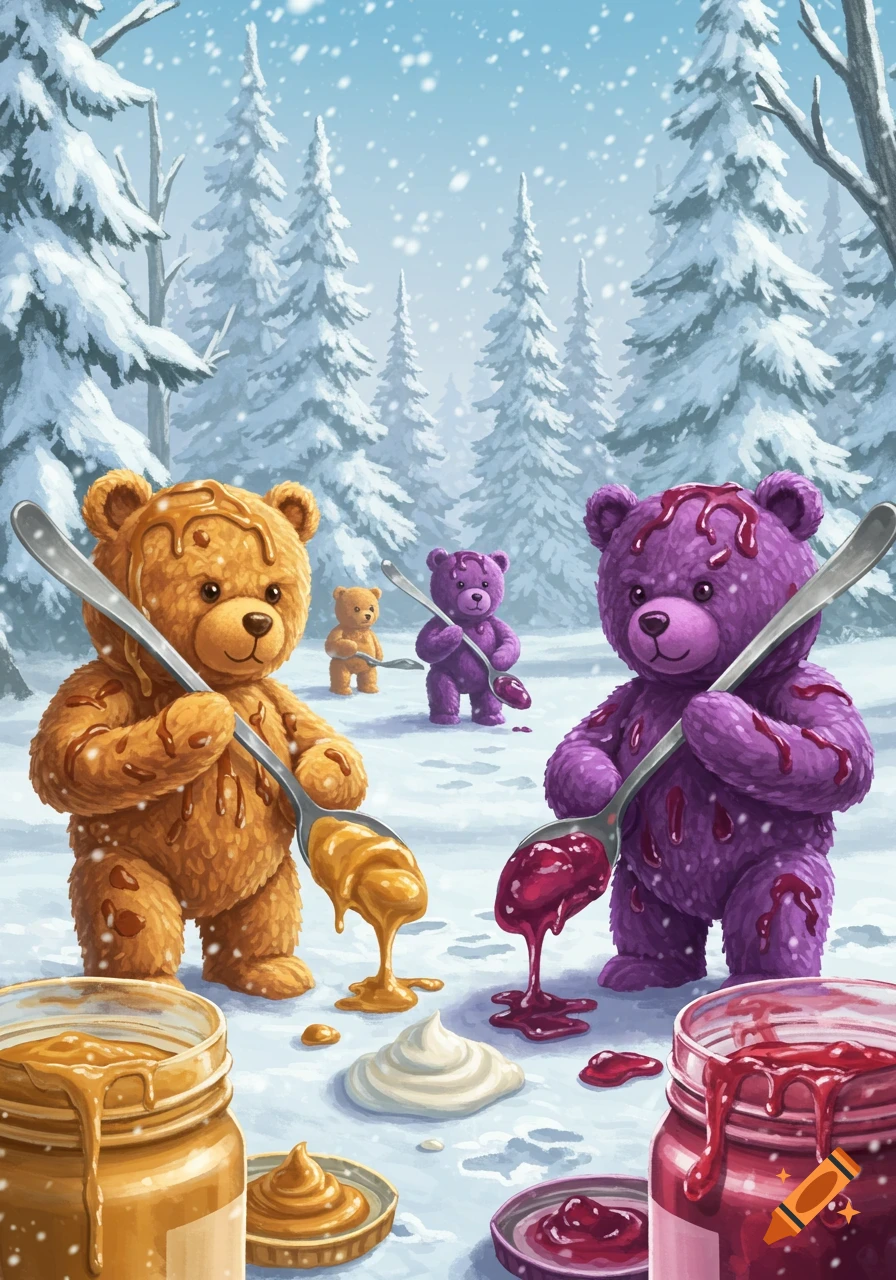 Brown and purple teddy bears covered in peanut butter and jelly, holding large spoons, in a snowy forest scene with jars of spreads.