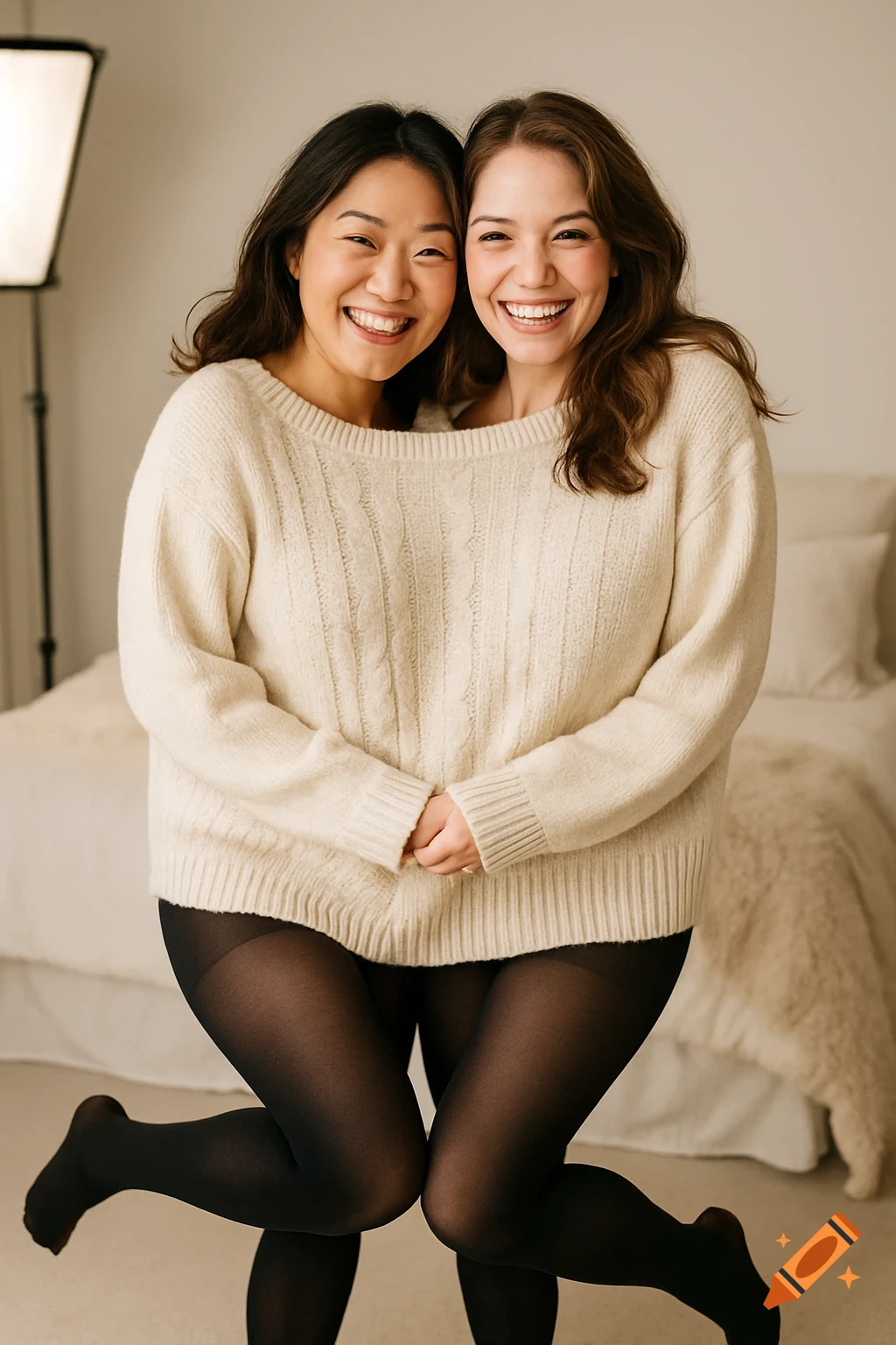 Two smiling women in a creamy oversized sweater and black tights pose together in a bright room.