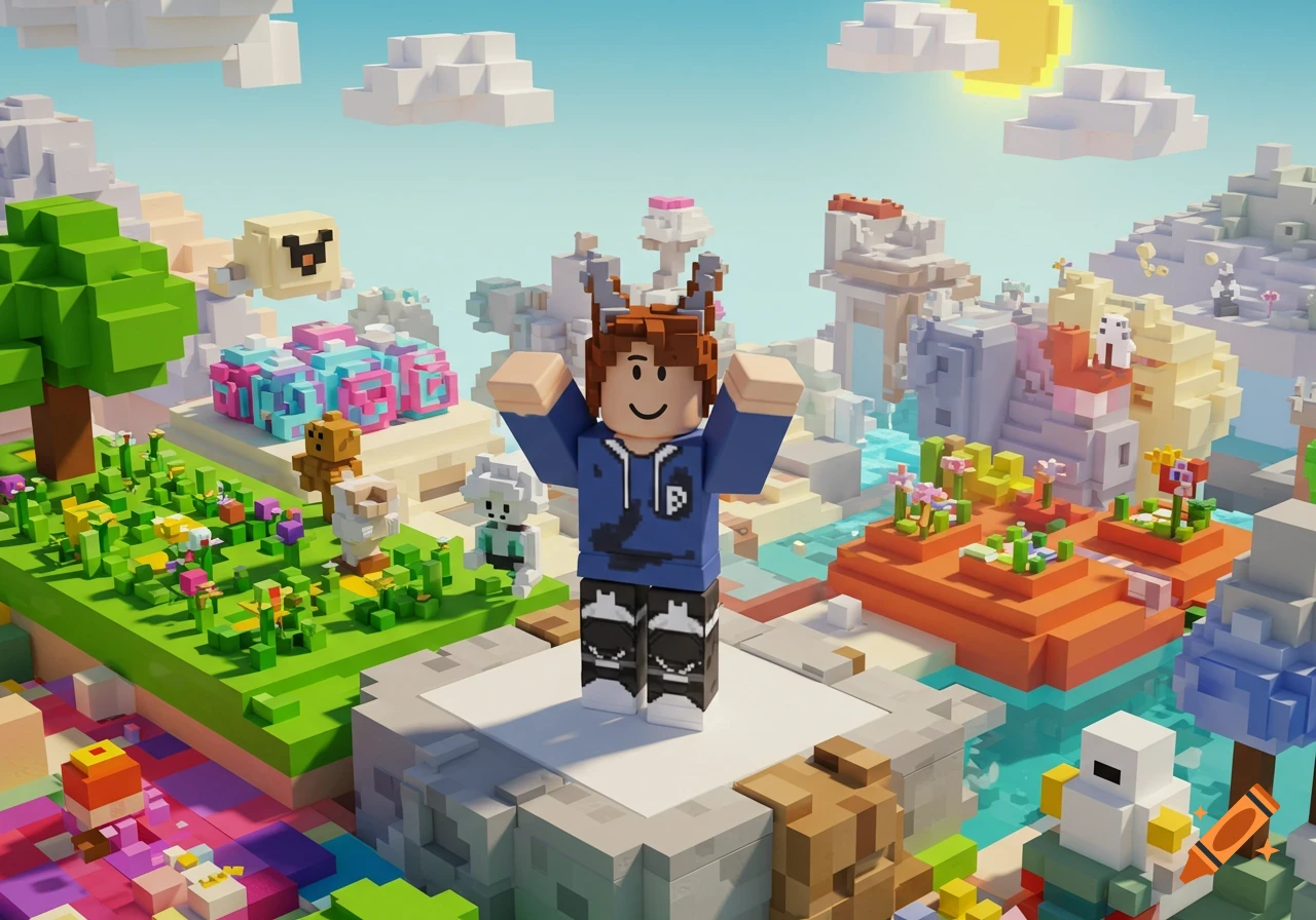 A blocky Roblox-style character with raised hands stands on a platform in a colorful voxel world with landscapes and creatures.