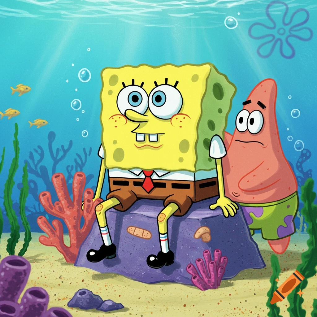 A cartoon image of Spongebob Squarepants and Patrick Star underwater. Spongebob sits on a rock with a band-aid on his knee.