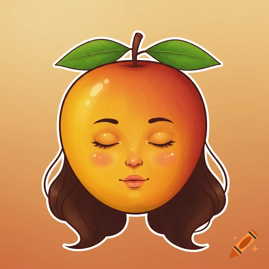 A cute, kawaii-style illustration of a sleeping mango character with a young woman's face, dark brown hair, and green leaves on top, on an orange background.