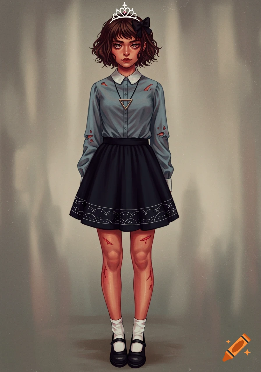 A stylized full-body portrait of a 19-year-old girl with short brown hair, a tiara, and a black bow. She wears a torn blue-grey shirt, a black skirt, and has reddish scars on her legs.