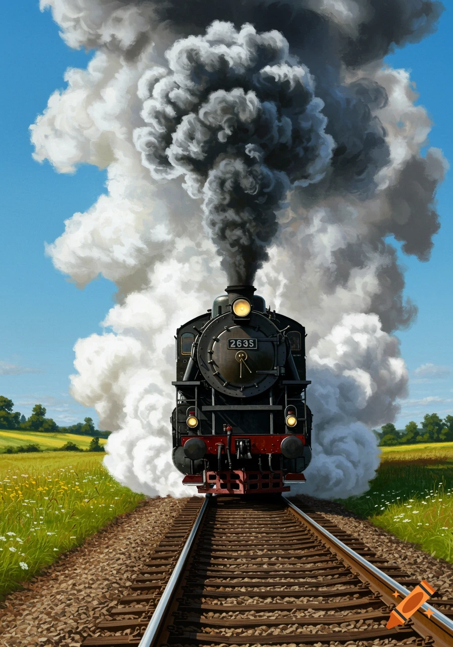 A powerful black steam train emitting white and dark smoke travels on railroad tracks through a green field under a clear blue sky.