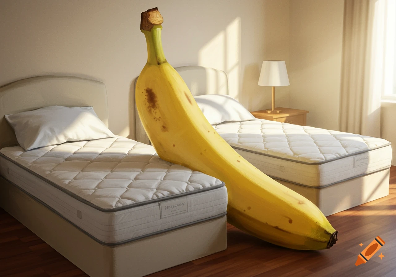 A giant banana stands upright between two twin beds with white mattresses and pillows in a sunlit bedroom.
