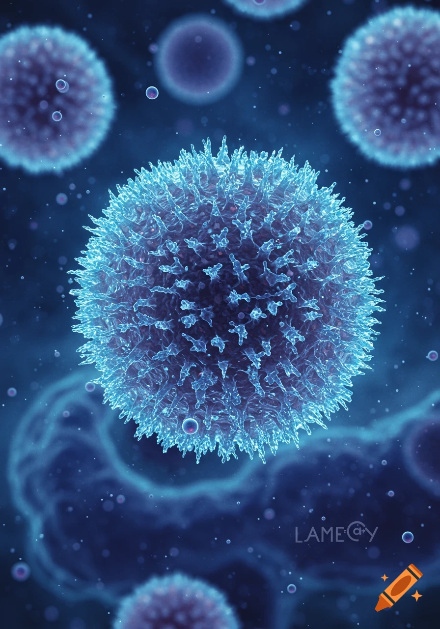 A vibrant blue microscopic cell, resembling a virus or lymphocyte, with spike-like projections in a dark blue cellular environment.