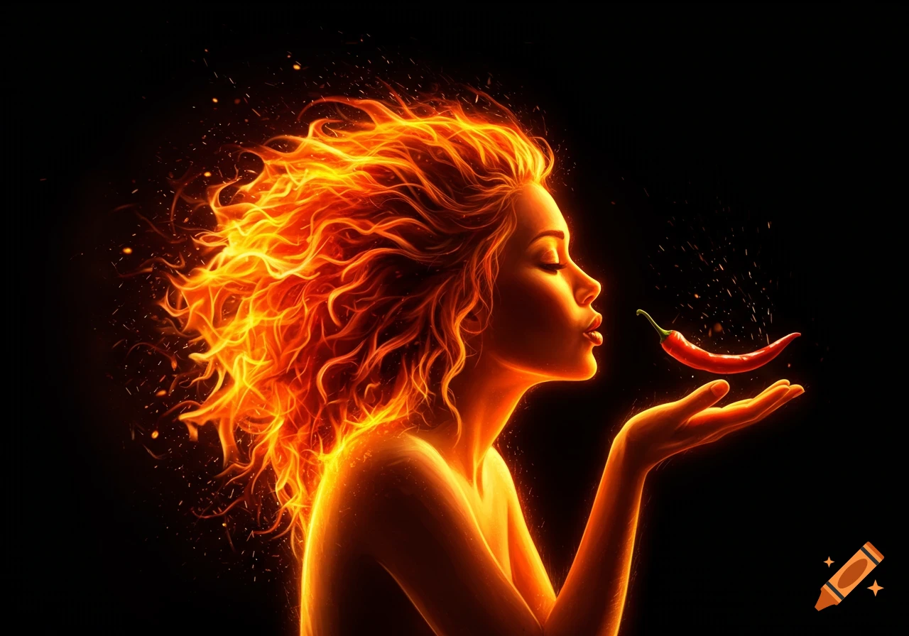 A semi-realistic portrait of a woman with fiery hair and body, blowing a red chili pepper floating above her cupped hands, against a black background.