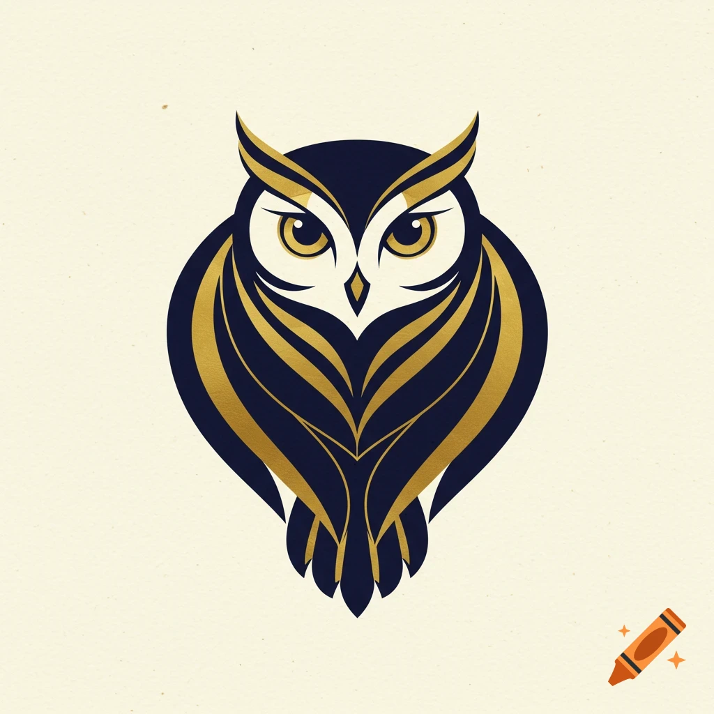 A stylized owl icon rendered in dark blue and gold on a cream background.