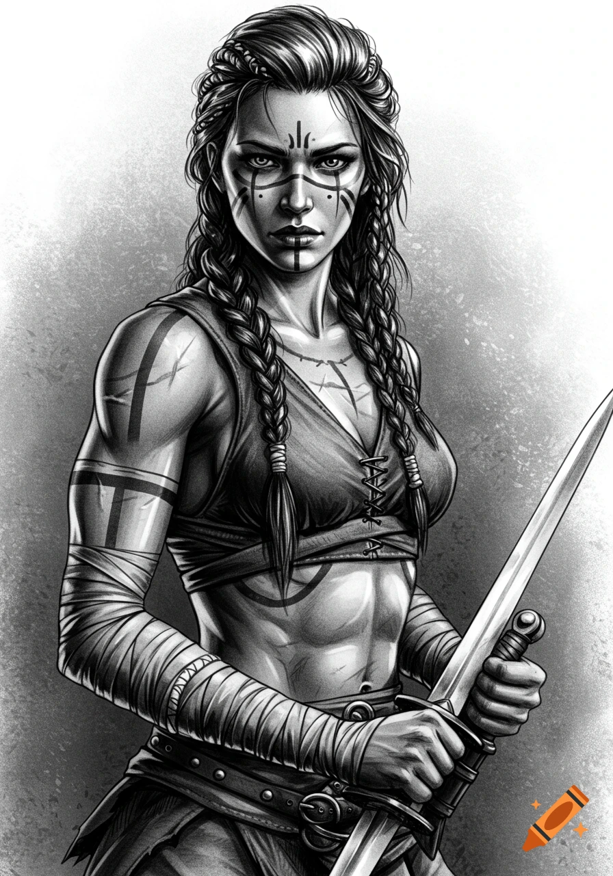 Black and white graphic illustration of a stern female warrior with braids, tribal face paint, and wrapped arms, holding a sword.