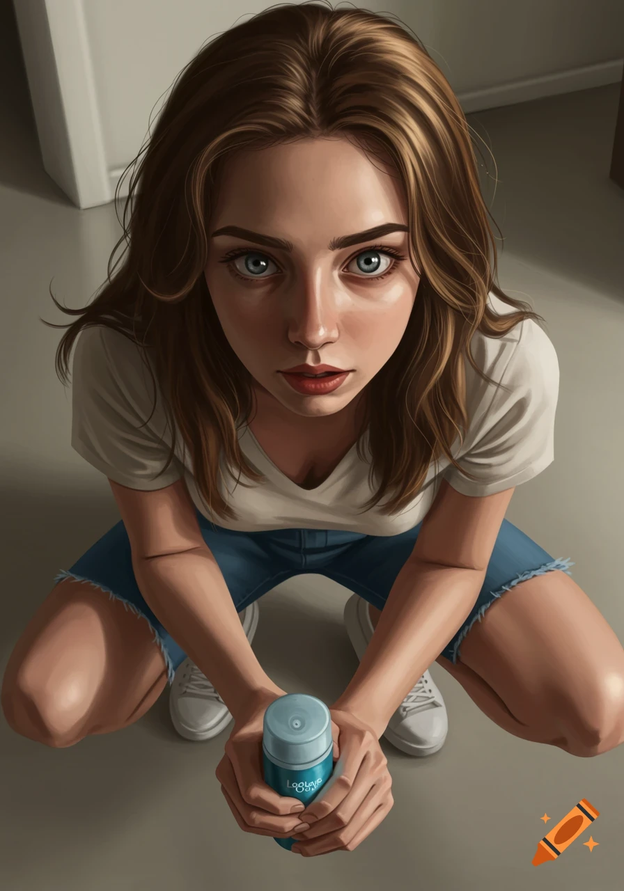 A woman with brown hair and blue eyes crouches, looking up at the viewer while holding a light blue deodorant can.