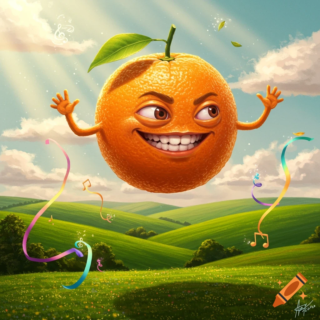 A cheerful cartoon orange with a leaf stem floats above a lush green, flowery landscape, surrounded by colorful ribbons and musical notes under a blue sky.