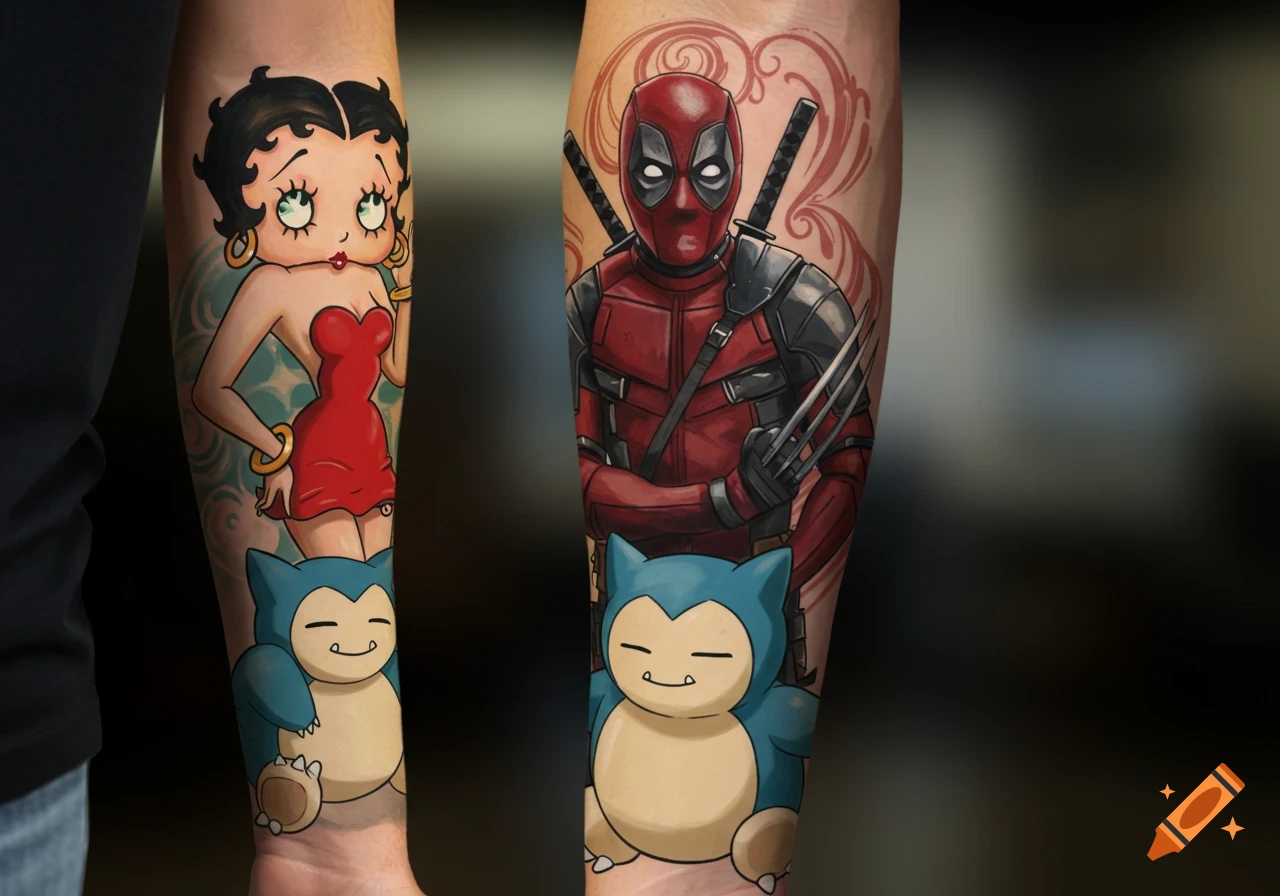 Close-up of a tattooed arm featuring colorful designs of Betty Boop, Deadpool, and Snorlax.