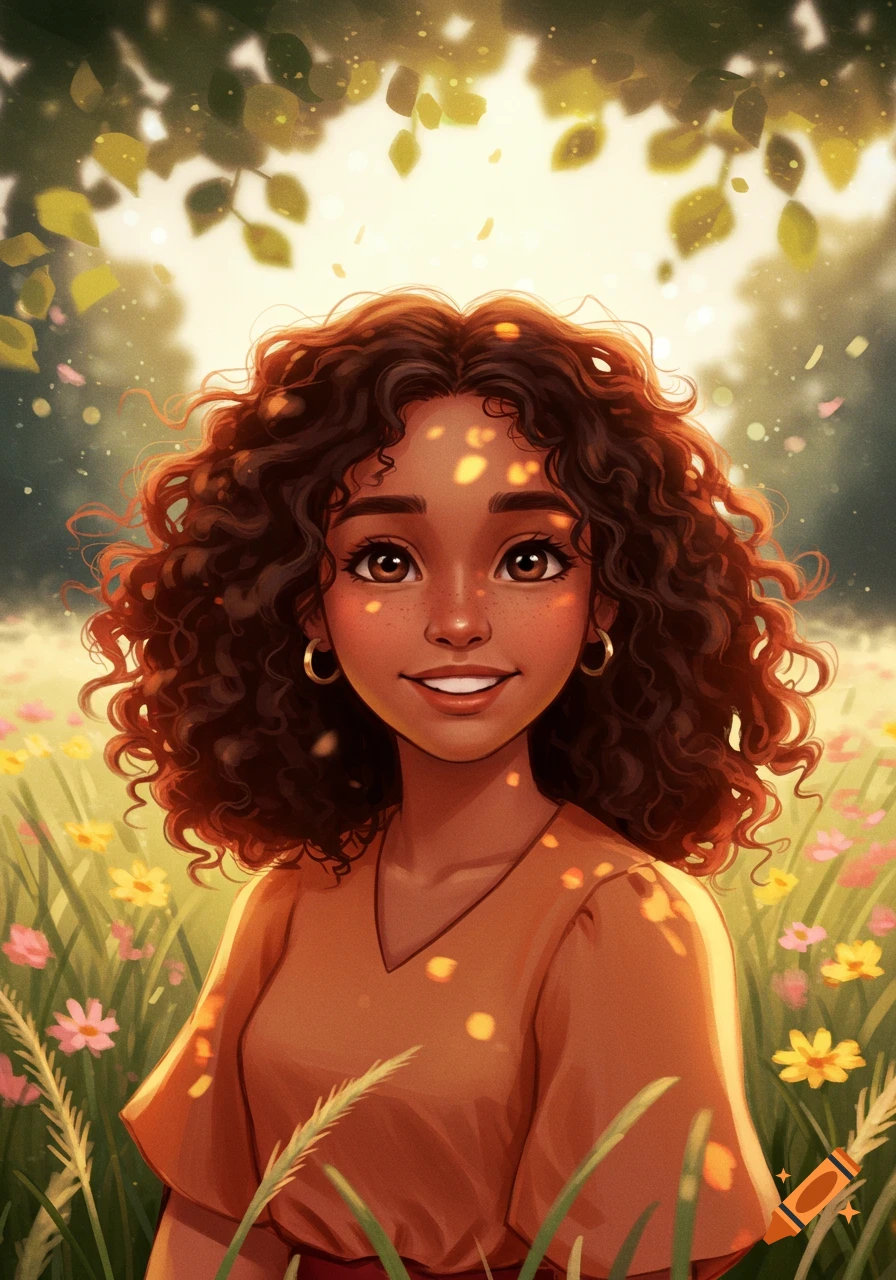 A smiling young woman with curly brown hair and freckles stands in a sunlit field of wildflowers, rendered in an illustration style.