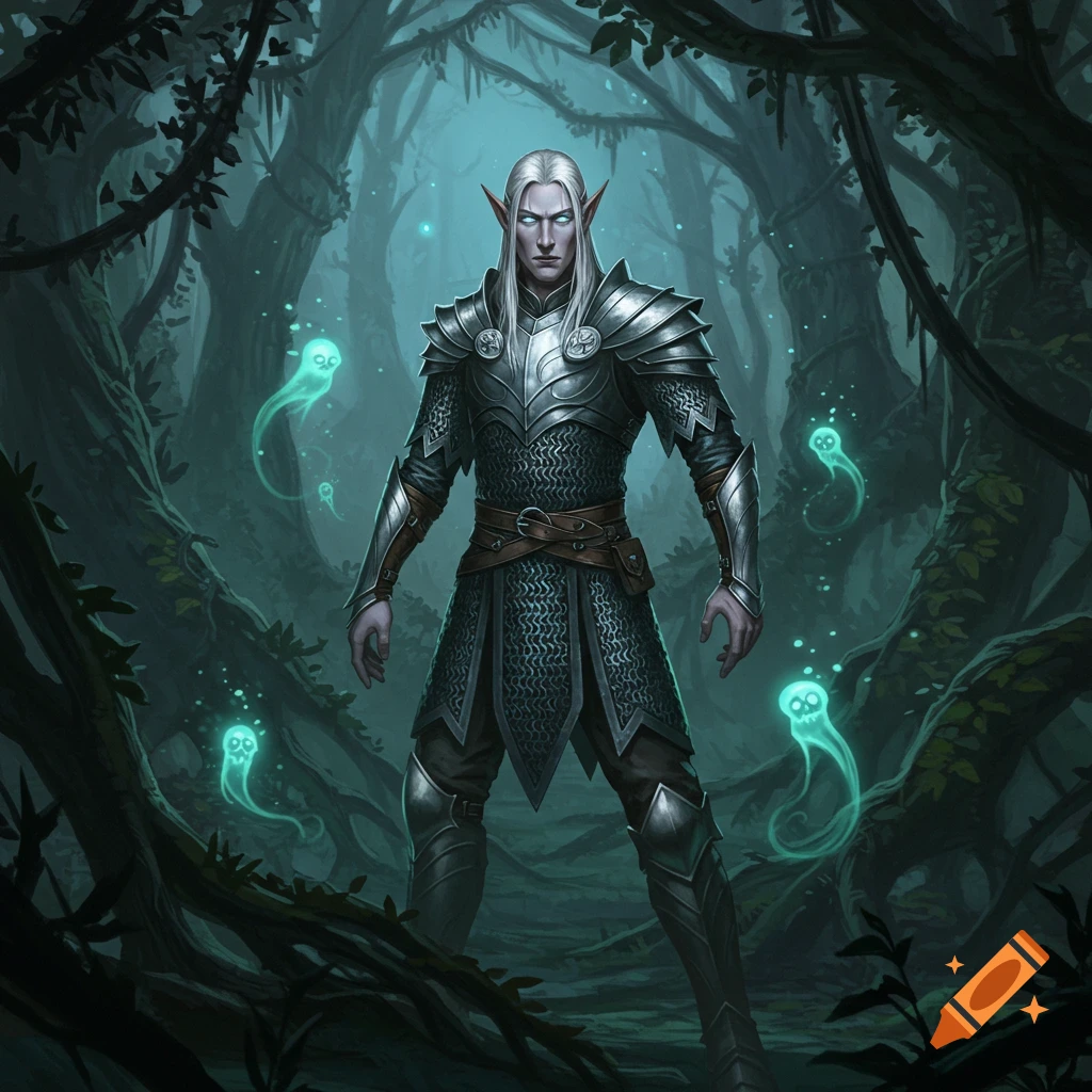A white-haired elf in silver chainmail stands in a dark, misty forest surrounded by glowing green spirits. Digital fantasy art.