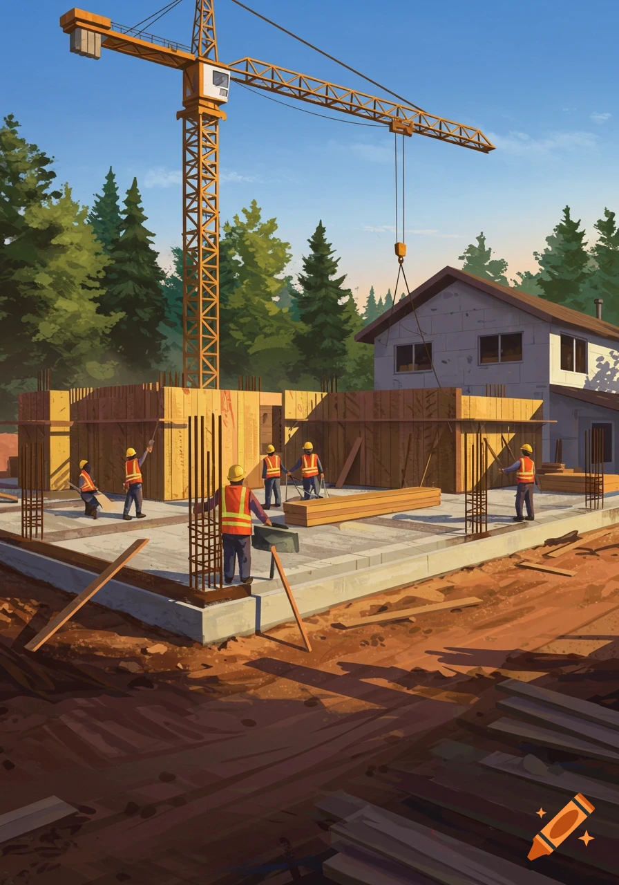 A stylized illustration of a construction site with a large crane, workers, and a house under construction.