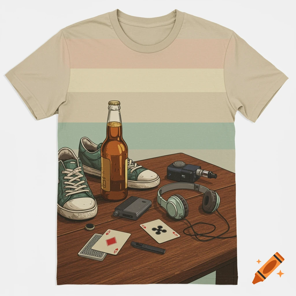 A retro style still life on a wooden table with a beer bottle, sneakers, playing cards, headphones, and a vape pen.