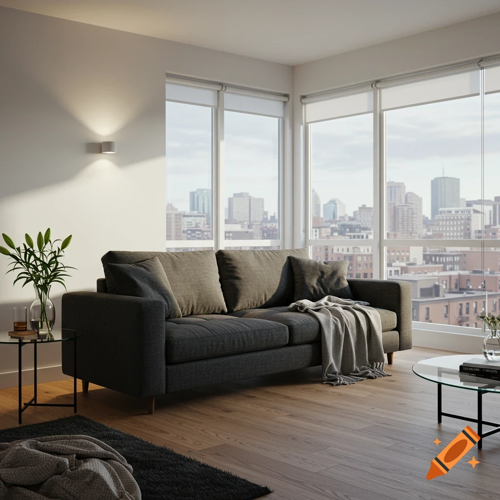Modern living room with a gray couch, glass tables, and plants, overlooking a city skyline through large windows.