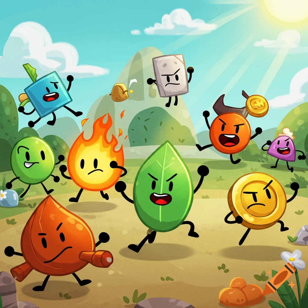 Animated object characters, including a fire, a leaf, a coin, and a cube, running across a sunny, grassy landscape with hills.