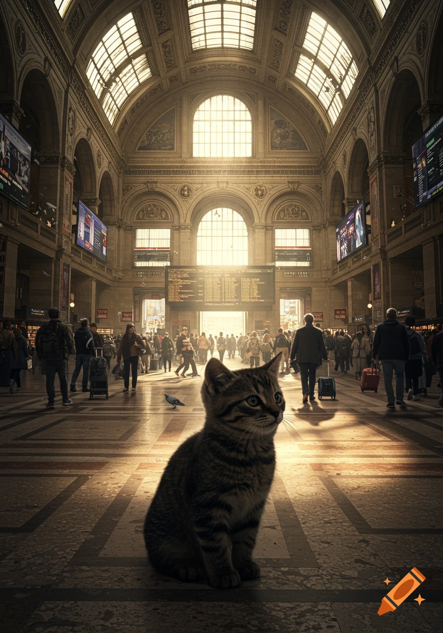 A small tabby cat sits on the floor of a large, bustling train station with high arched ceilings and bright windows, illuminated by sunlight.